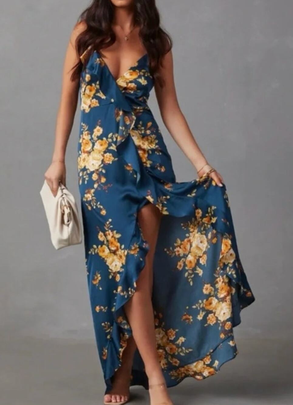 VICI Satin Floral Slit Maxi Slip Dress Green Large